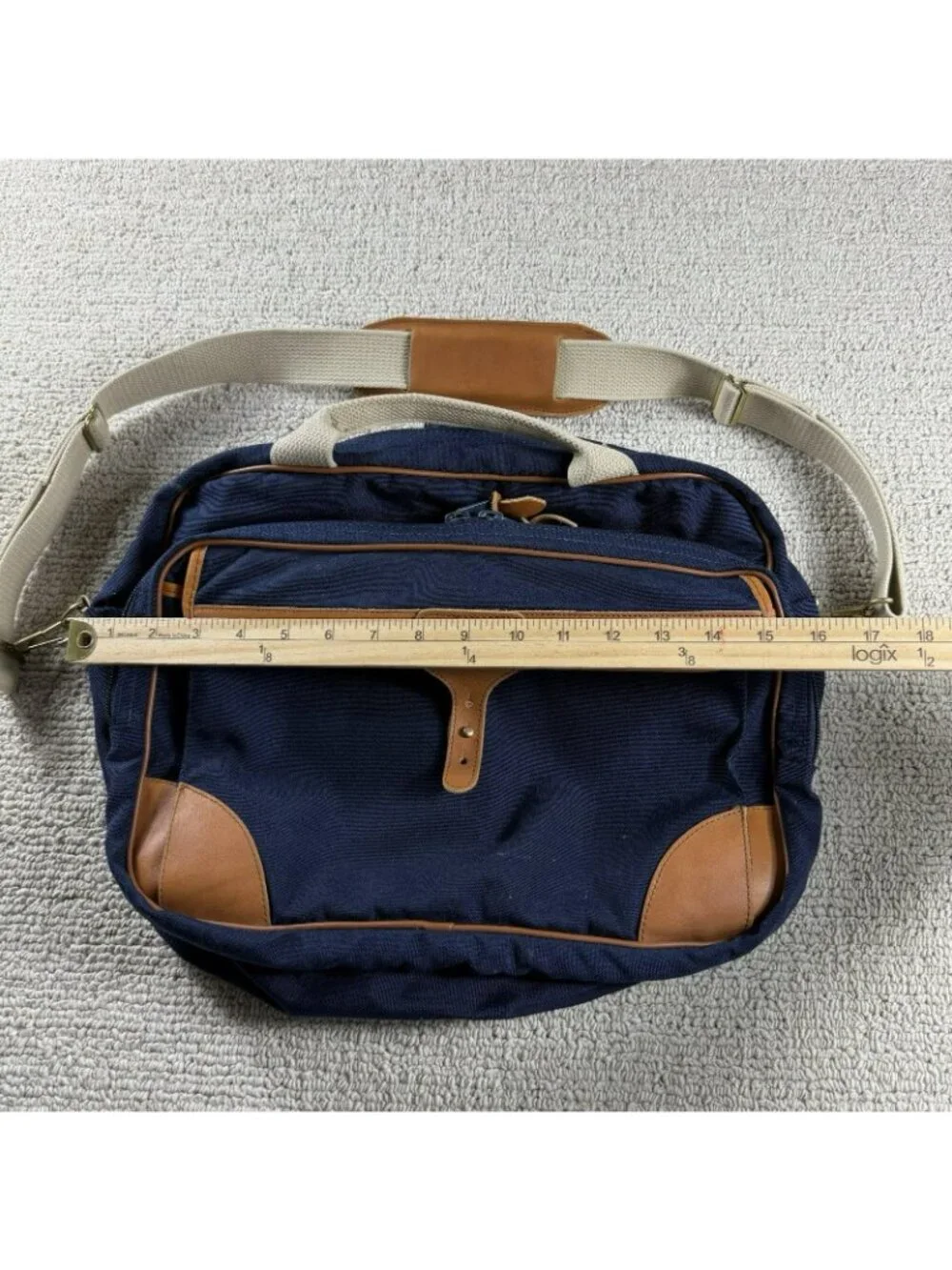 Vintage L.L. Bean Deluxe Duffel Bag Leather Trim Blue Brown